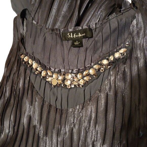 S.L. Fashions black Charmeuse sleeveless crinkle embellished dress size L - Picture 9 of 11